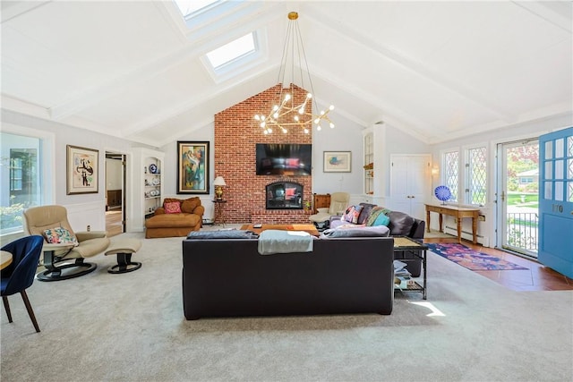 170 Summit Dr, Cranston, RI 02920 - carpeted living area with a skylight, a chandelier, a baseboard radiator, and a brick fireplace