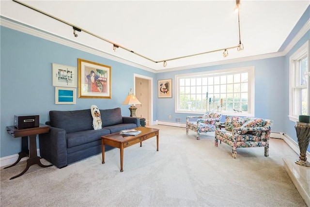 170 Summit Dr, Cranston, RI 02920 - carpeted living area featuring rail lighting, ornamental molding, baseboard heating, and baseboards
