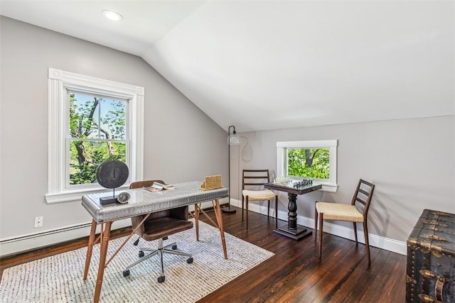 home office featuring baseboards, dark wood-style floors, and lofted ceiling