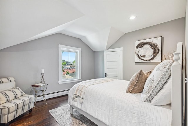 bedroom with a baseboard radiator, lofted ceiling, recessed lighting, and dark wood-type flooring
