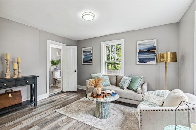 living area featuring baseboards and wood finished floors