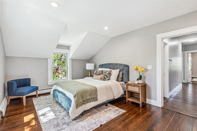 bedroom featuring dark wood-style flooring, baseboards, and recessed lighting