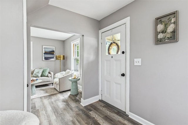 entrance foyer with baseboards and wood finished floors