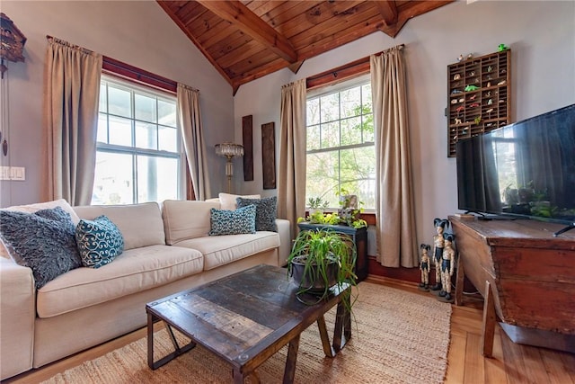 living area featuring wooden ceiling, lofted ceiling with beams, and light wood-type flooring