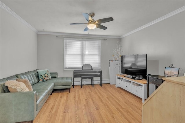 living room with a ceiling fan, light wood-style flooring, baseboard heating, and ornamental molding