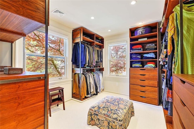 spacious closet with carpet floors and visible vents