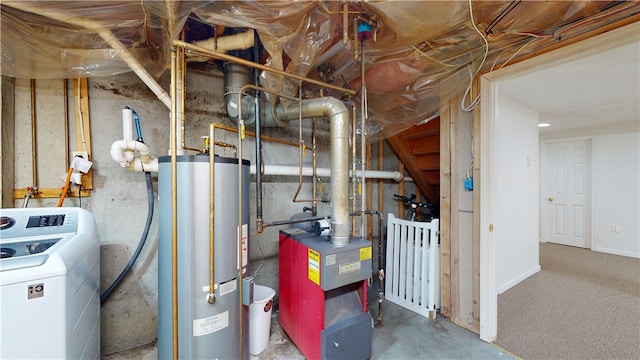 utilities with washer / clothes dryer, a heating unit, and gas water heater