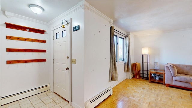 interior space featuring crown molding, a wealth of natural light, and baseboard heating