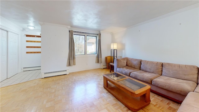 living room featuring crown molding, a baseboard heating unit, and a baseboard radiator