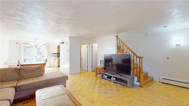 living area with crown molding, stairs, a chandelier, and baseboard heating