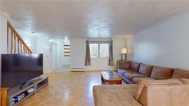 living room featuring ornamental molding, stairway, and a baseboard radiator