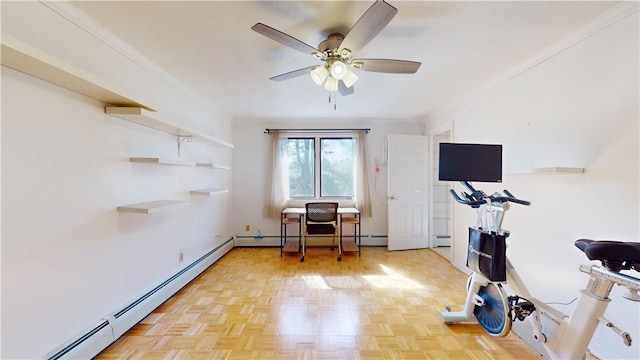 office space featuring a baseboard radiator, a ceiling fan, and a baseboard heating unit