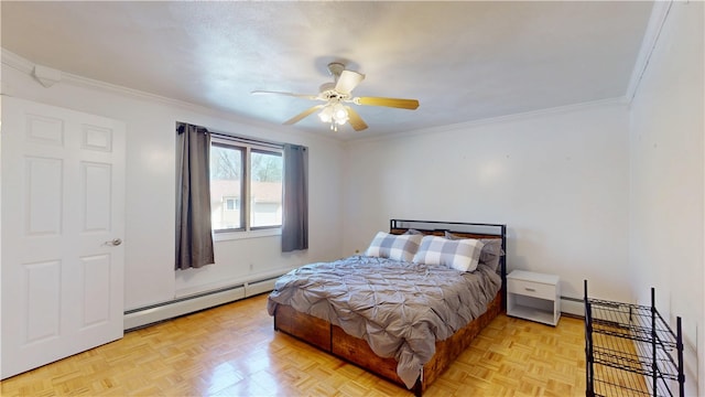 bedroom featuring crown molding, ceiling fan, and a baseboard heating unit