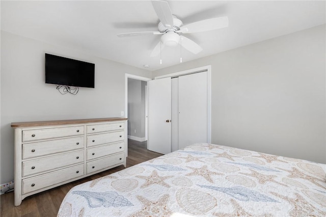 bedroom featuring ceiling fan, dark wood finished floors, and a closet