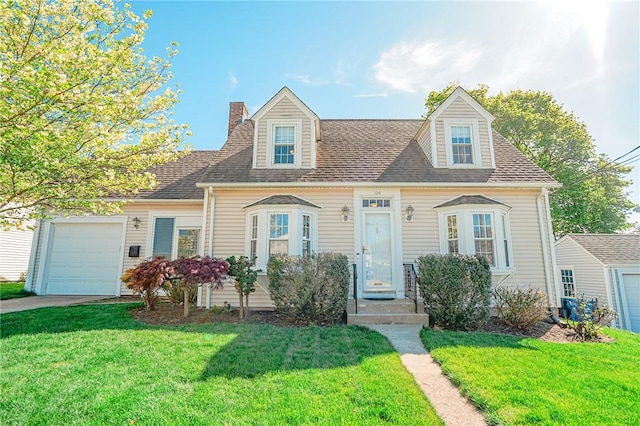 cape cod house with a chimney, a garage, driveway, and a front yard
