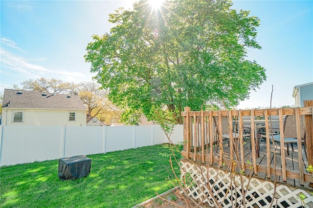 view of yard with a fenced backyard and a wooden deck