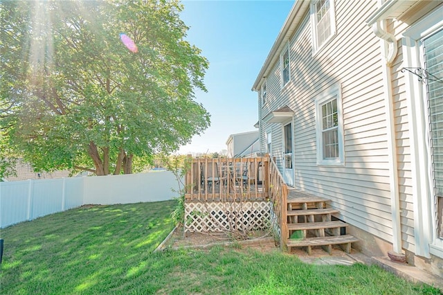 view of yard featuring a fenced backyard and a deck