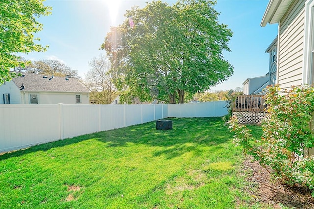 view of yard featuring a fenced backyard and a deck