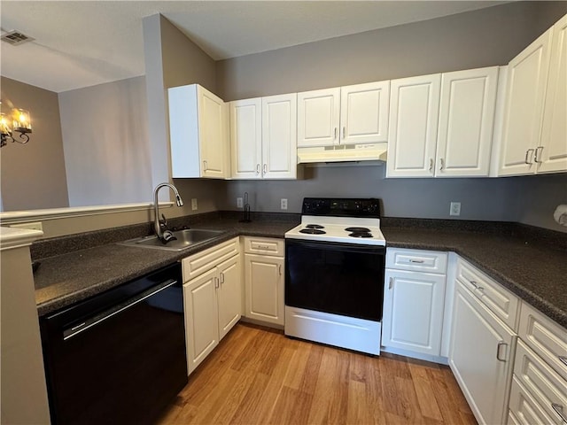 kitchen with a sink, dishwasher, range with electric cooktop, under cabinet range hood, and visible vents