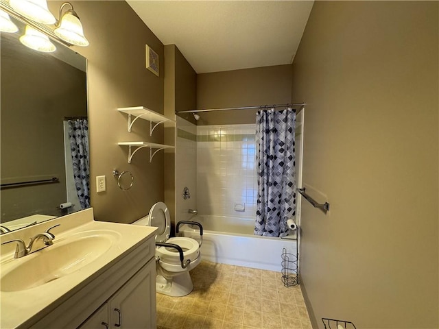 bathroom featuring visible vents, tile patterned flooring, vanity, toilet, and shower / bath combo with shower curtain