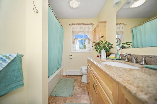 full bath with shower / bath combo, vanity, baseboards, a baseboard heating unit, and toilet