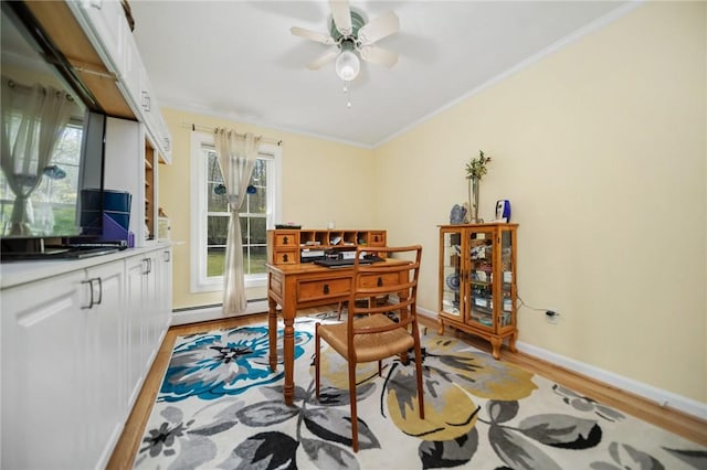office with plenty of natural light, a baseboard radiator, light wood-style flooring, and crown molding