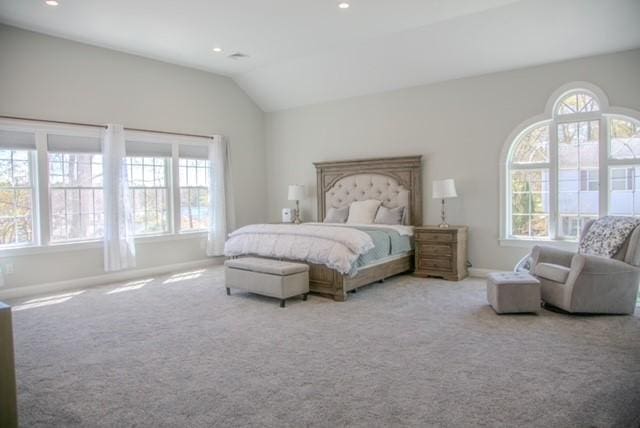 70 Shady Ln, Burrillville, RI 02859 - bedroom featuring multiple windows, carpet, vaulted ceiling, baseboards, and recessed lighting