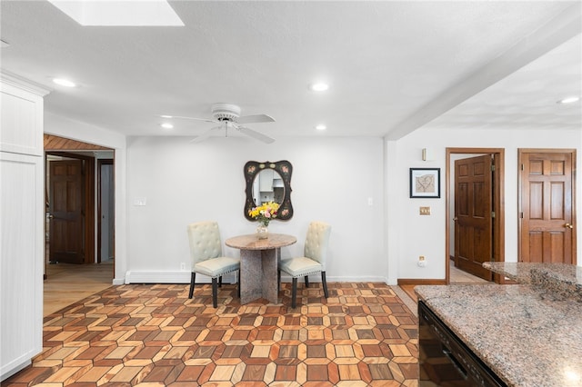dining room featuring recessed lighting, baseboards, and a ceiling fan