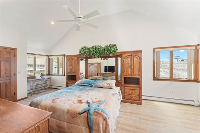 bedroom featuring recessed lighting, high vaulted ceiling, a baseboard heating unit, and light wood finished floors