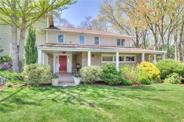 23 Pine Top Rd, Barrington, RI 02806 - view of front facade with a front yard, a porch, and stone siding