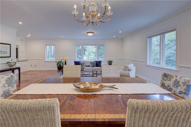 23 Pine Top Rd, Barrington, RI 02806 - dining room featuring a chandelier, wood finished floors, ornamental molding, and recessed lighting