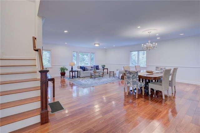 23 Pine Top Rd, Barrington, RI 02806 - dining space featuring a chandelier, light wood finished floors, stairway, and recessed lighting