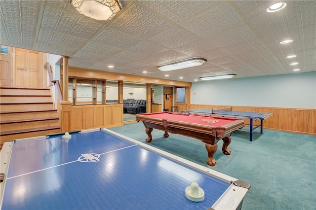 23 Pine Top Rd, Barrington, RI 02806 - recreation room featuring wainscoting, pool table, carpet flooring, wood walls, and recessed lighting