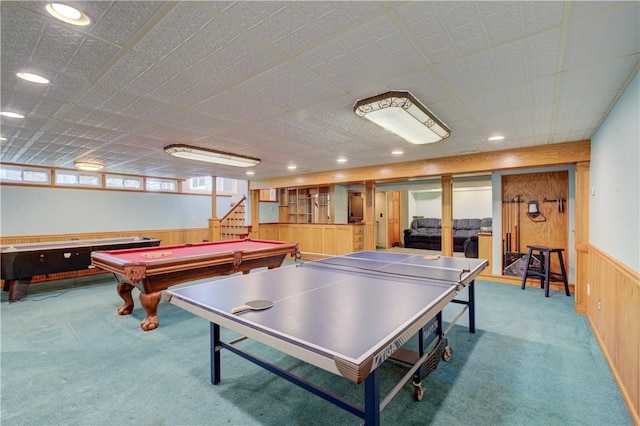23 Pine Top Rd, Barrington, RI 02806 - recreation room with carpet flooring, billiards, a wainscoted wall, wood walls, and recessed lighting