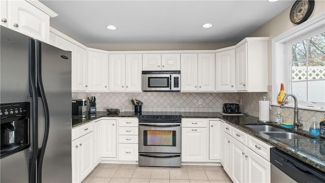 kitchen featuring a sink, tasteful backsplash, dark stone counters, white cabinets, and appliances with stainless steel finishes