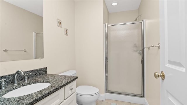 full bath with vanity, toilet, a stall shower, and tile patterned flooring