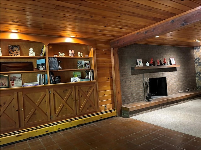 bar featuring a brick fireplace, a baseboard heating unit, and wooden ceiling