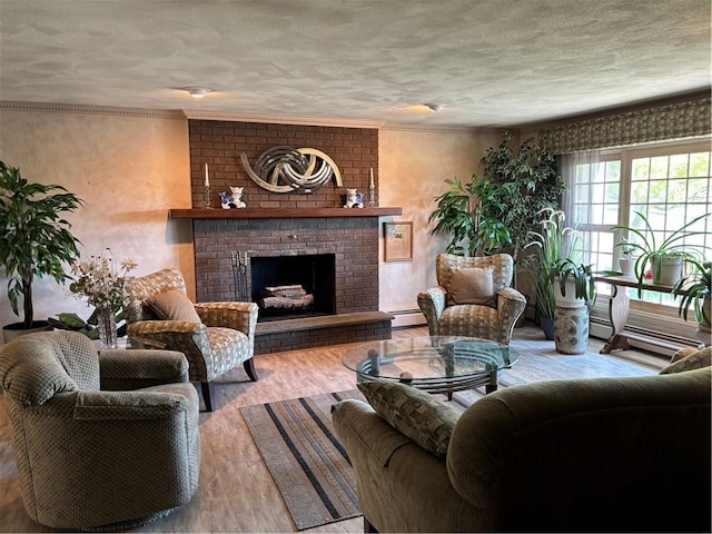 living area with a textured ceiling, a baseboard radiator, a fireplace, and wood finished floors