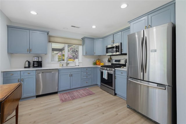 kitchen with light countertops, appliances with stainless steel finishes, visible vents, and tasteful backsplash