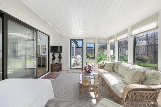 sunroom with carpet and an outdoor living space