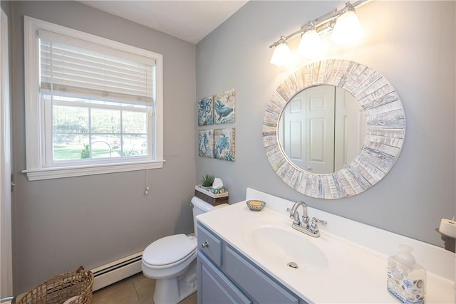 545 Central St, Burrillville, RI 02839 - half bath with a baseboard radiator, vanity, toilet, and tile patterned flooring