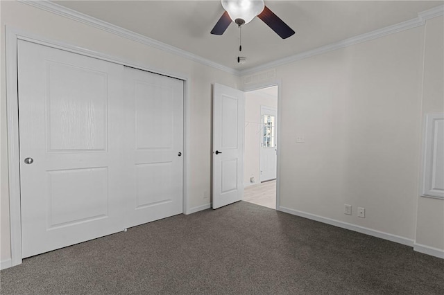 548 Kenyon Ave, Attleboro, MA 02703 - unfurnished bedroom with a ceiling fan, crown molding, baseboards, a closet, and carpet flooring