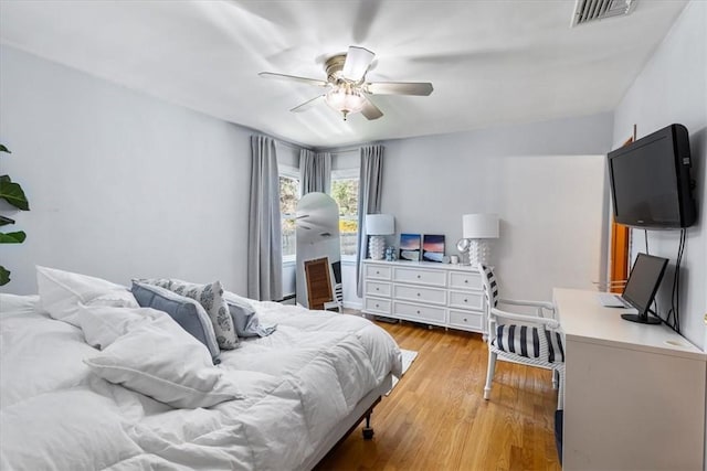 bedroom featuring a ceiling fan, light wood-style flooring, and visible vents