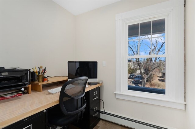 office with baseboard heating and wood finished floors