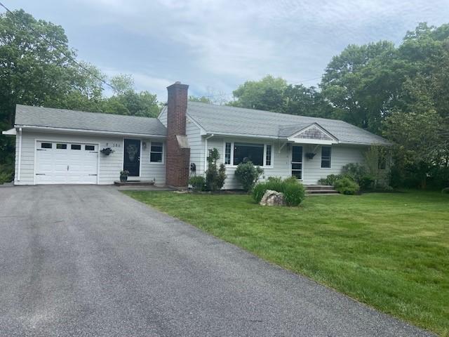386 Stone Church Rd, Tiverton, RI 02878 - ranch-style home with a garage, a chimney, asphalt driveway, and a front yard