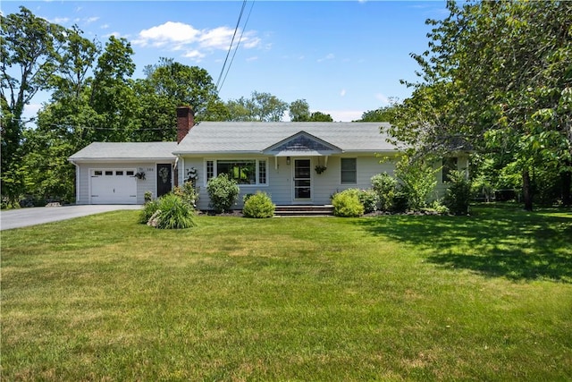 386 Stone Church Rd, Tiverton, RI 02878 - ranch-style house with concrete driveway, an attached garage, a chimney, and a front lawn