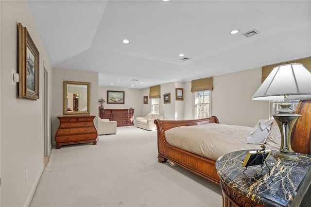 bedroom featuring recessed lighting, baseboards, visible vents, and carpet