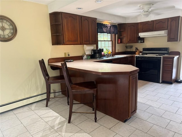 1 Gilman Rd, Hopkinton, RI 02832 - kitchen with open shelves, gas range, under cabinet range hood, a peninsula, and a breakfast bar