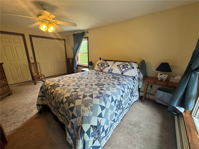 1 Gilman Rd, Hopkinton, RI 02832 - bedroom featuring carpet flooring, baseboard heating, a baseboard radiator, ceiling fan, and a closet