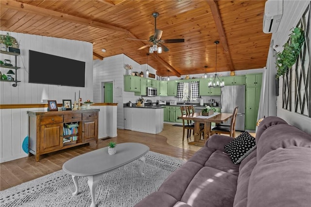 living area featuring wood finished floors, wood ceiling, ceiling fan, a chandelier, and wooden walls